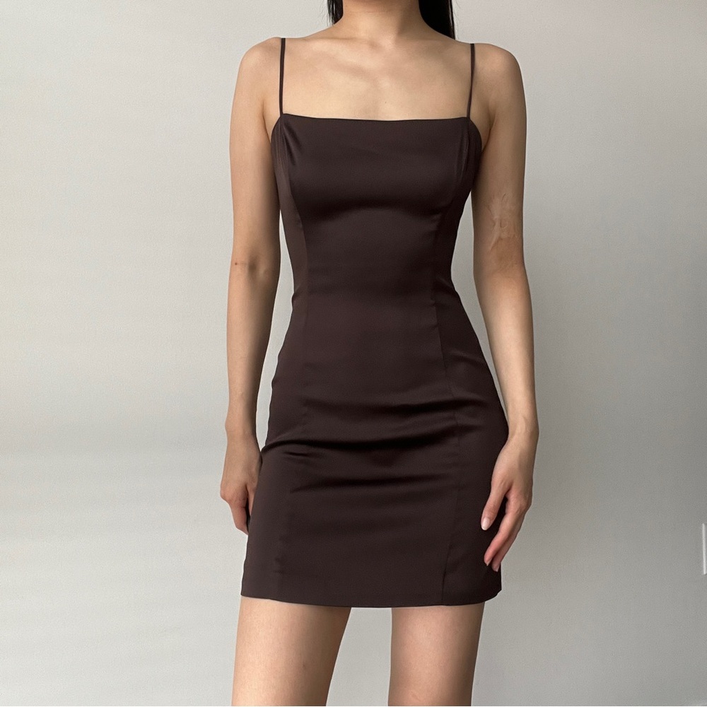 Aritzia Sunday Best Shimmer Satin Square Neck Micro Dress Rich Mocha Brown